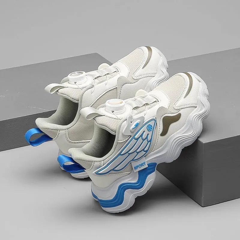 Captain Loon Kids Athletic Wing Design Sneakers, Chunky Wave Sole, Dial Closure, White/Blue