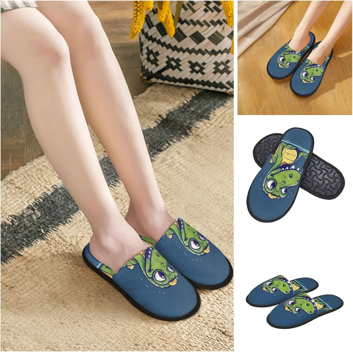 Cartoon crocodile Women's Slippers Fuzzy Slip-on Slippers Non-slip House Slippers Warm Cozy Bedroom Shoes