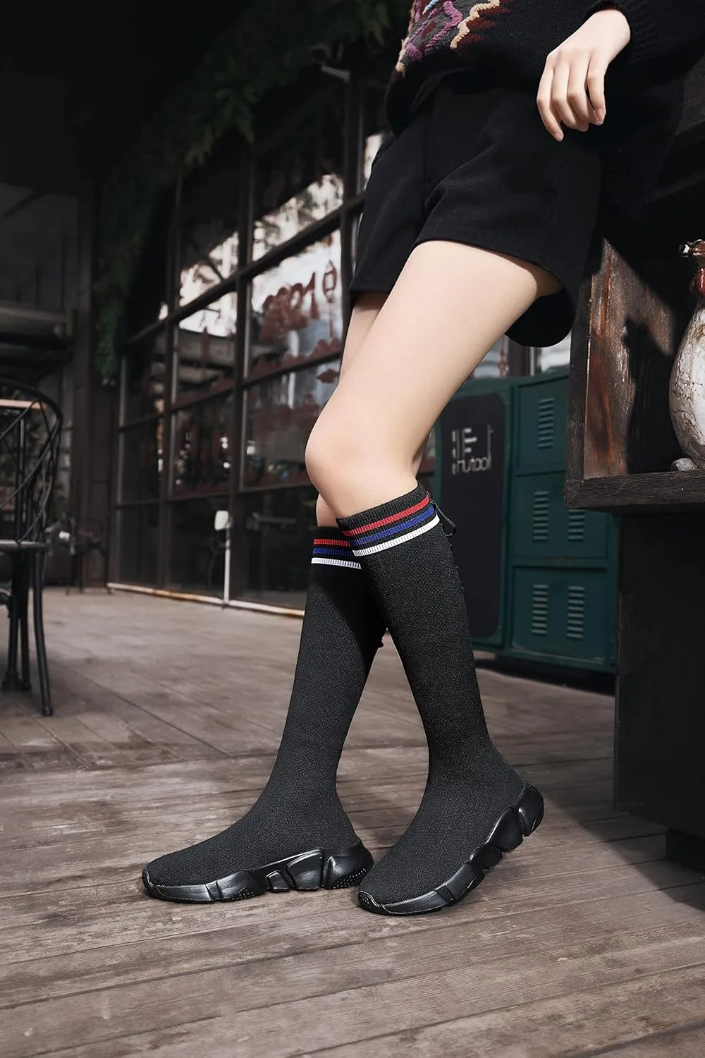 Casbeam Womens Knee High Boots High Top Shoes for Girls Comfortable Slip-On Sock Sneakers