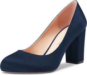 Castamere Women Chunky Block High Heel Round Toe Slip-on Pumps Wedding Party Dress 3.2 Inches Heels Shoes