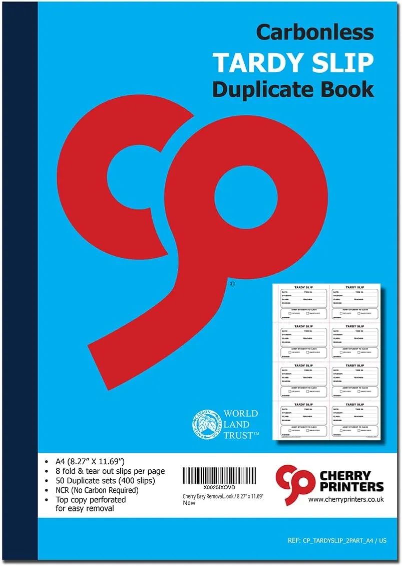 Cherry Easy Removal Fold and Tear Tardy Slip Book with Carbonless Copies / 400 (3.89 x 2.92 Inches) Slips Per Book