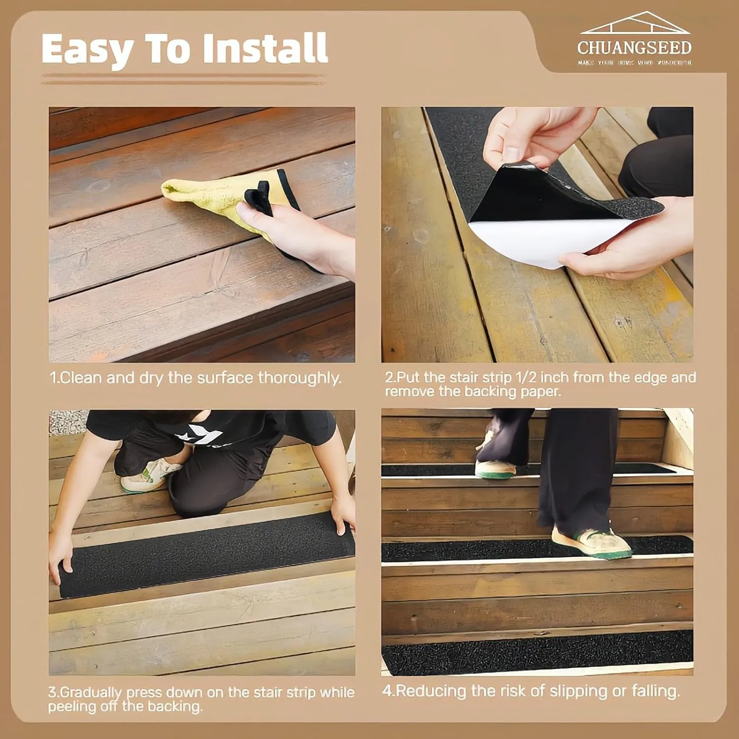 CHUANGSEED Stair Treads Non-Slip Tape 6''x30''（12-Pack） Black 80 Grit Outdoor treads Grip Tape- Weather Resistant Adhesive Treads- Anti Skid Strips-Waterproof