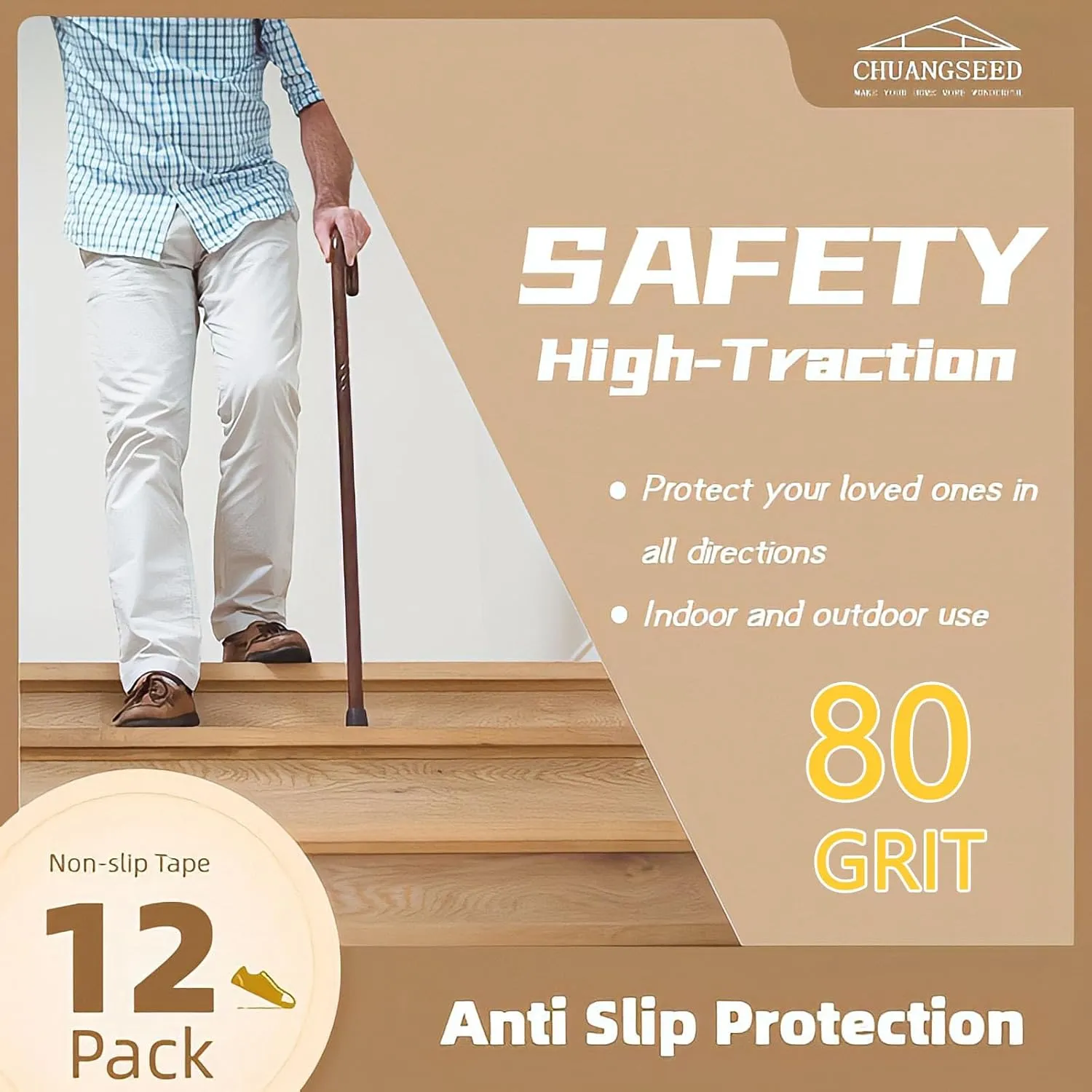CHUANGSEED Stair Treads Non-Slip Tape 6''x30''（12-Pack） Black 80 Grit Outdoor treads Grip Tape- Weather Resistant Adhesive Treads- Anti Skid Strips-Waterproof