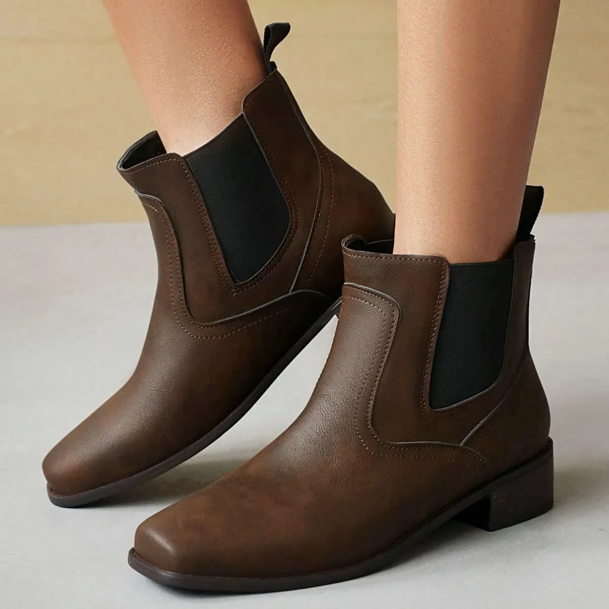 ClassicSter Womens Square Toe Chelsea Ankle Boots Low Chunky Block Heeled Stretch Booties