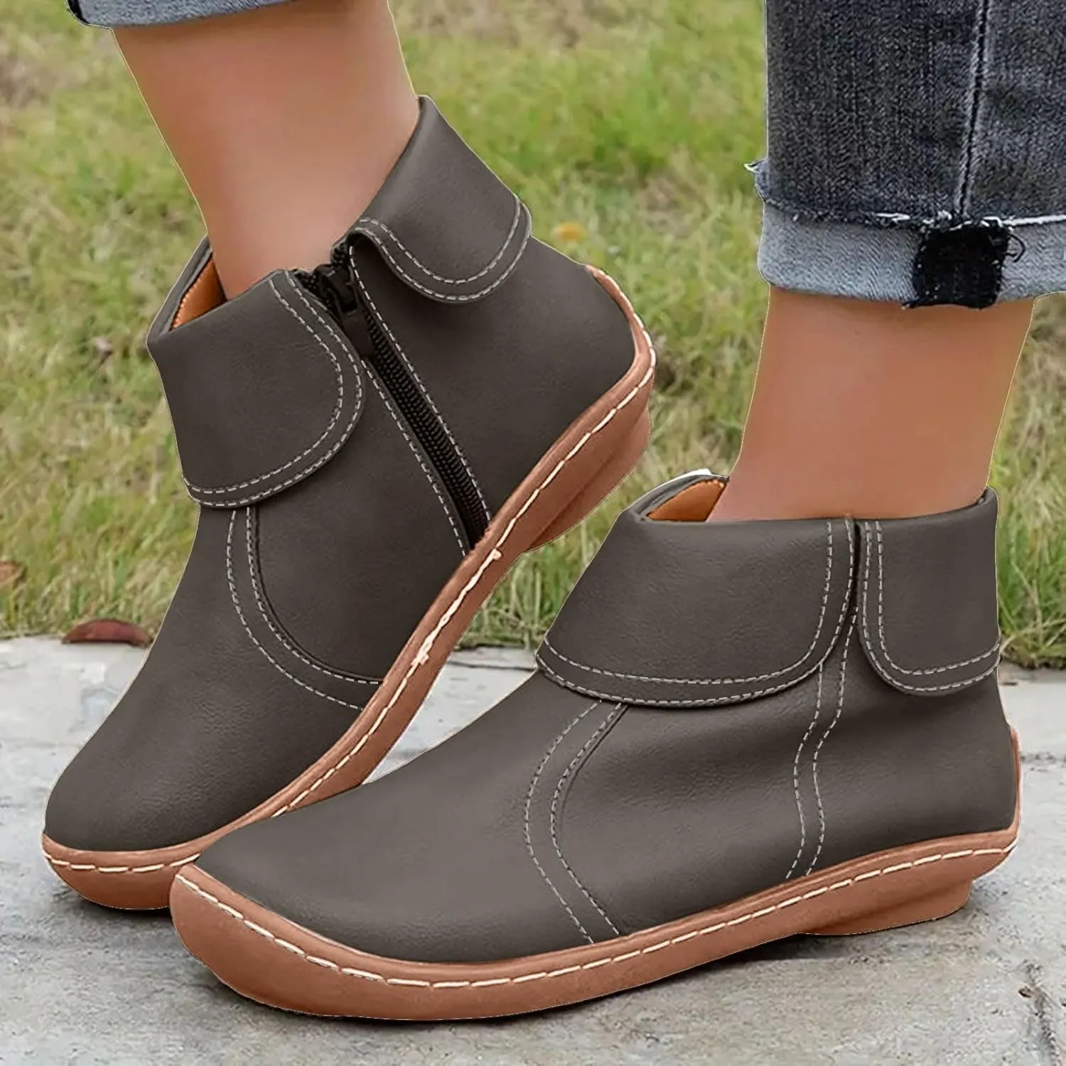 Comfortable Boots for Women Walking Leather Women Ankle Boot Comfy Fashion Round Toe Soft Sole Flat Rubble Women Boot