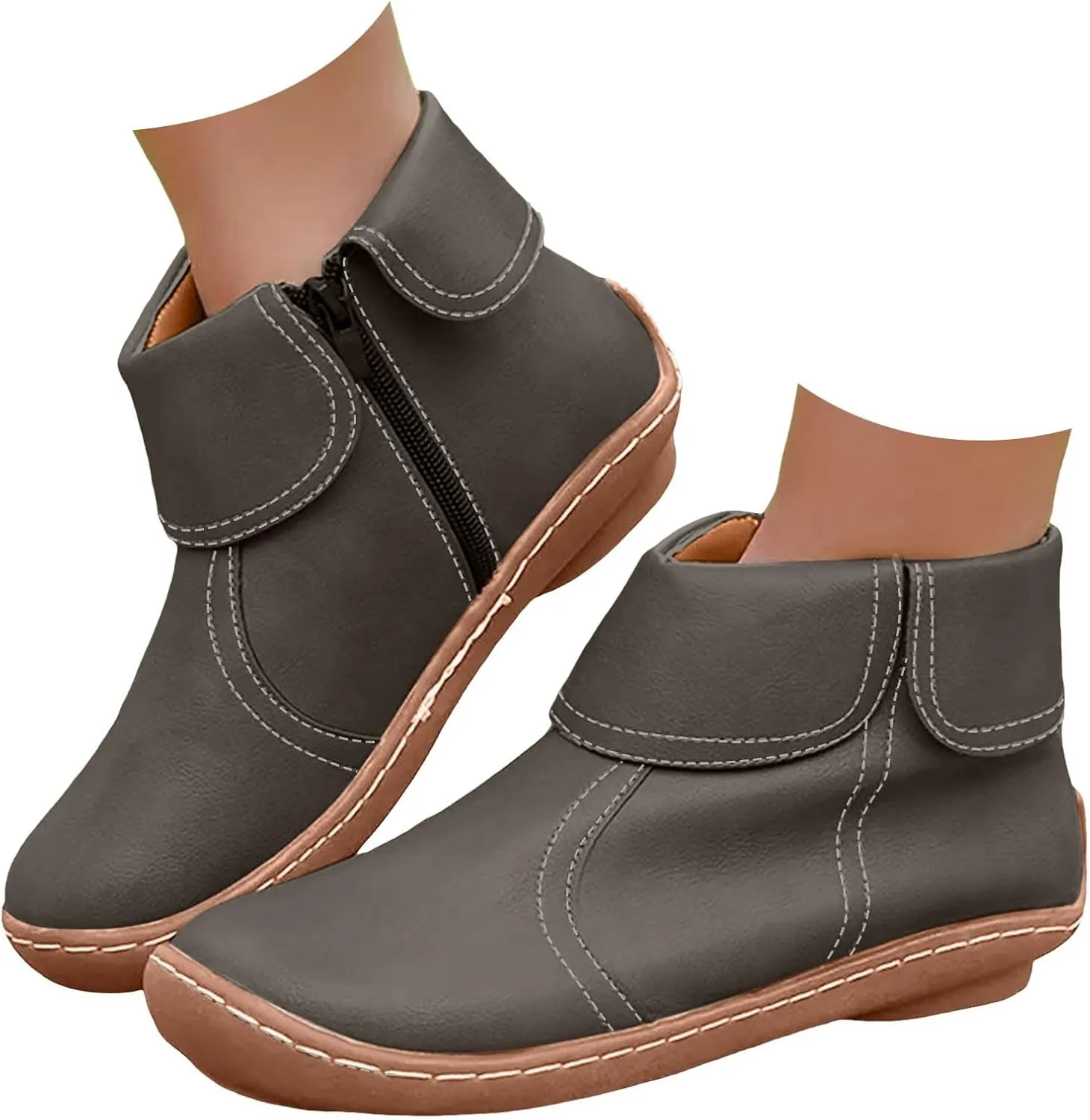 Comfortable Boots for Women Walking Leather Women Ankle Boot Comfy Fashion Round Toe Soft Sole Flat Rubble Women Boot