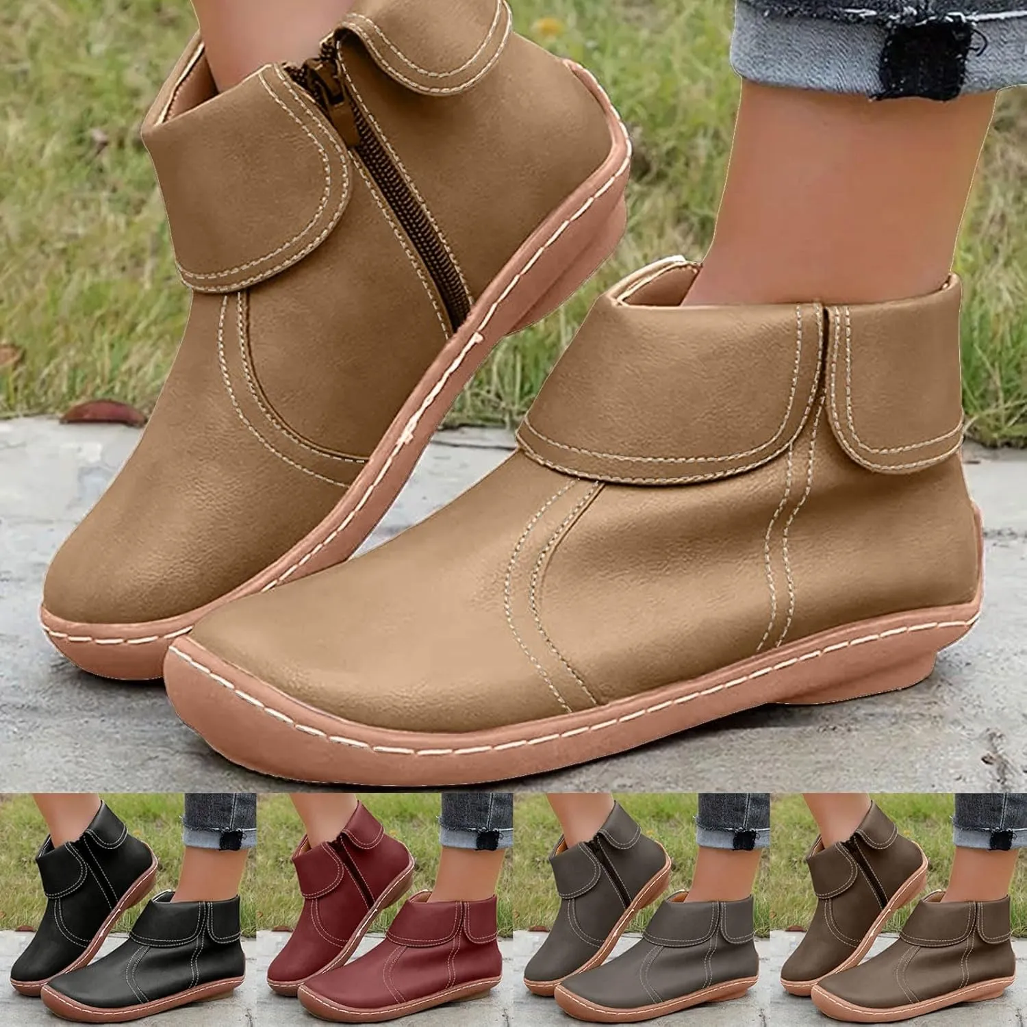 Comfortable Boots for Women Walking Leather Women Ankle Boot Comfy Fashion Round Toe Soft Sole Flat Rubble Women Boot