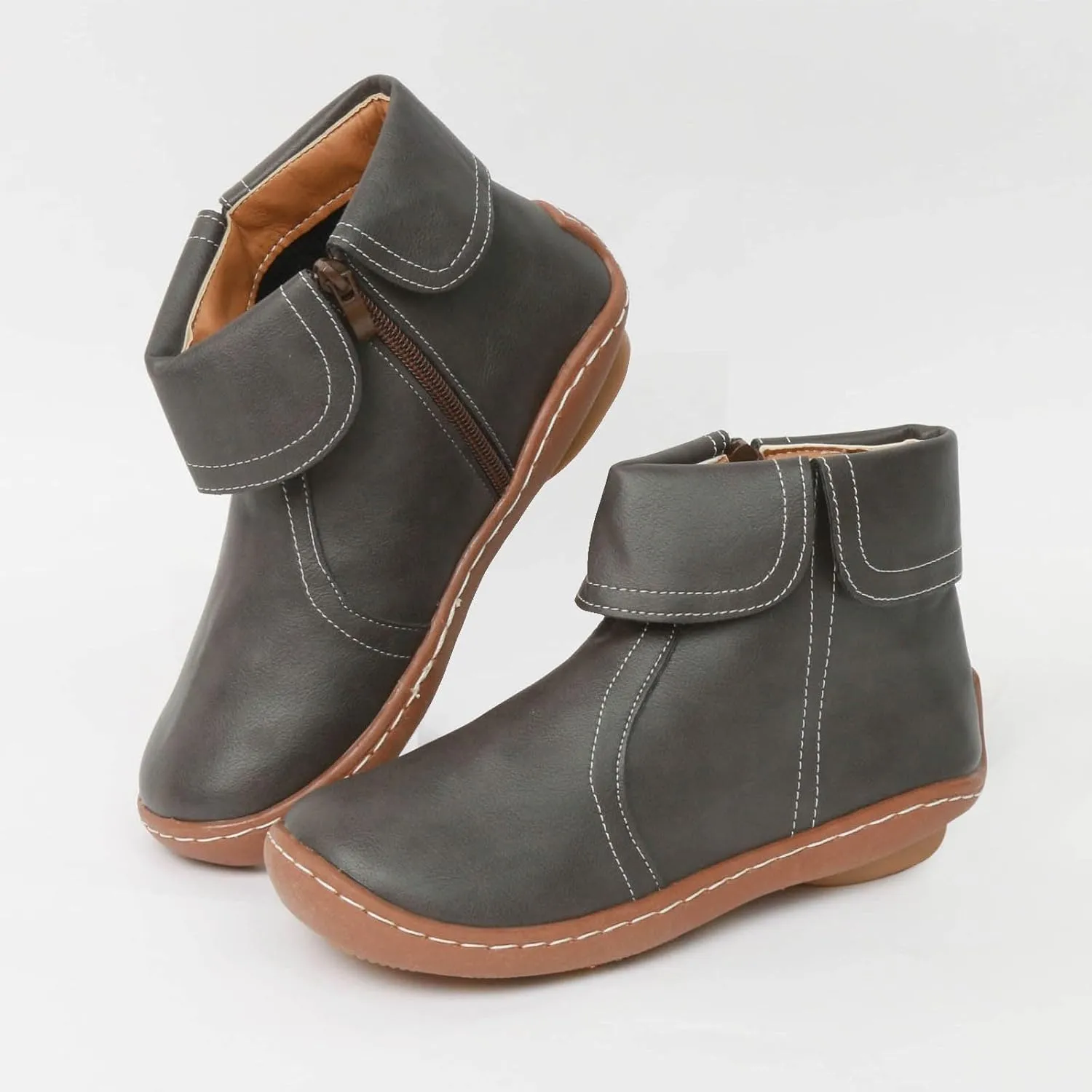 Comfortable Boots for Women Walking Leather Women Ankle Boot Comfy Fashion Round Toe Soft Sole Flat Rubble Women Boot