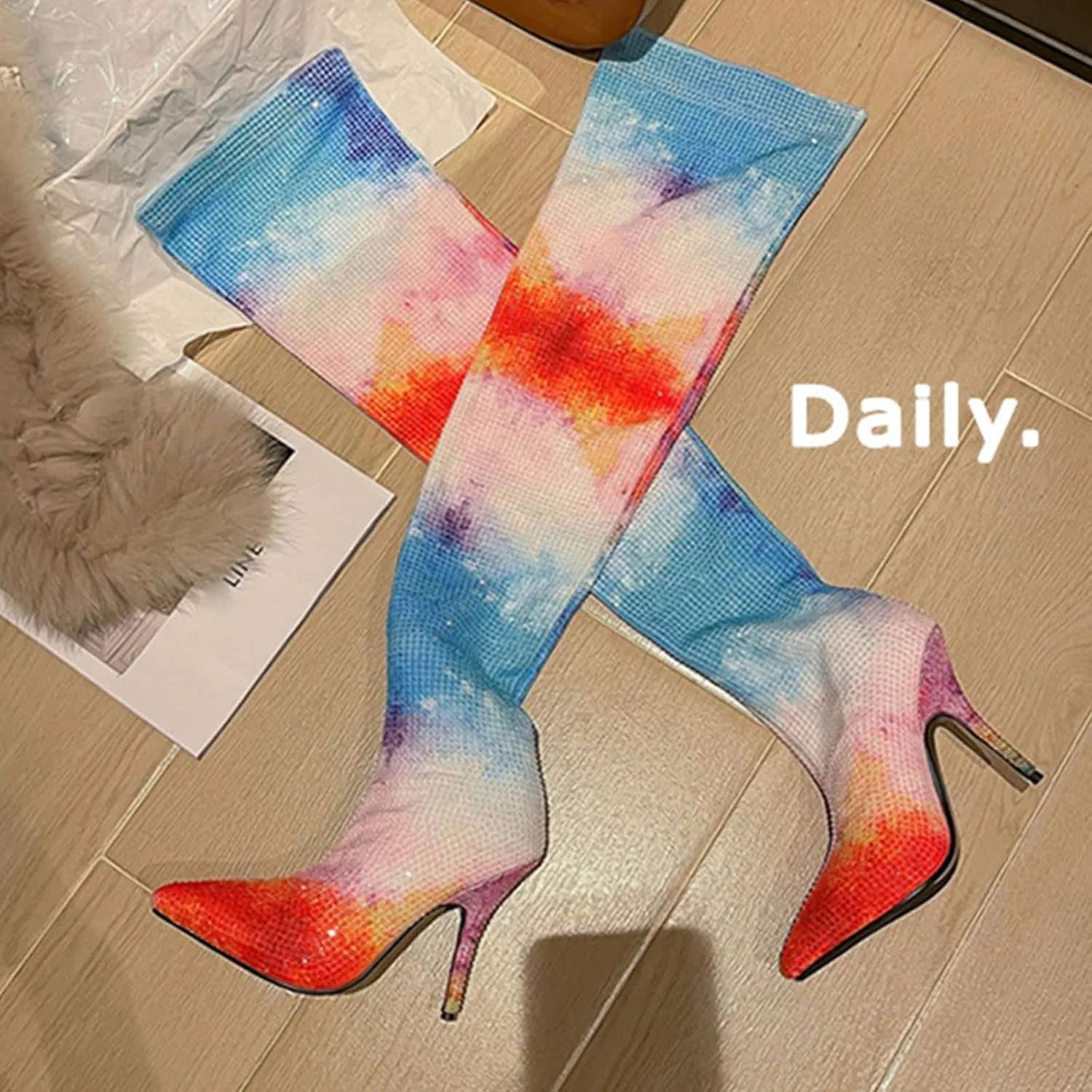 Comfortable High Heeled Boots,Rainbow Gradient Design,Rhinestone Colored Stiletto Boots,Pointed Knee High Boots,Cloth Material