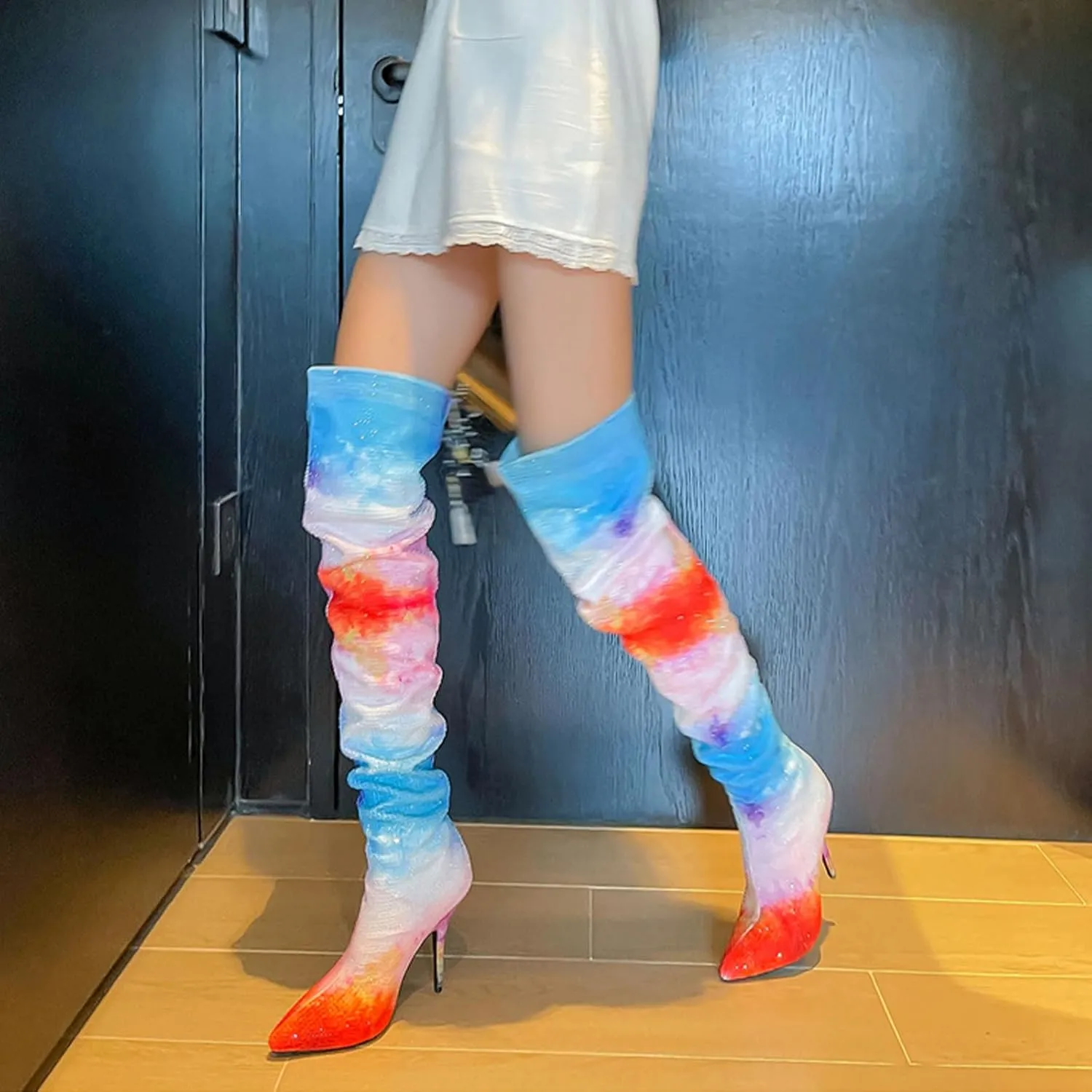 Comfortable High Heeled Boots,Rainbow Gradient Design,Rhinestone Colored Stiletto Boots,Pointed Knee High Boots,Cloth Material