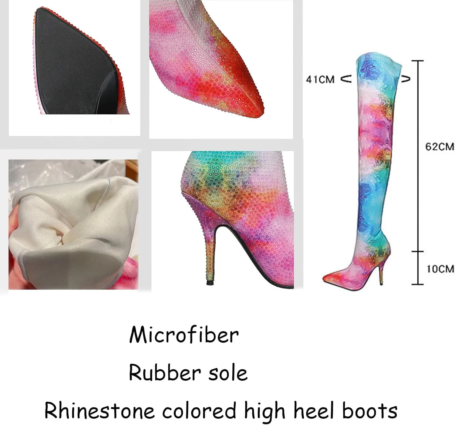 Comfortable High Heeled Boots,Rainbow Gradient Design,Rhinestone Colored Stiletto Boots,Pointed Knee High Boots,Cloth Material