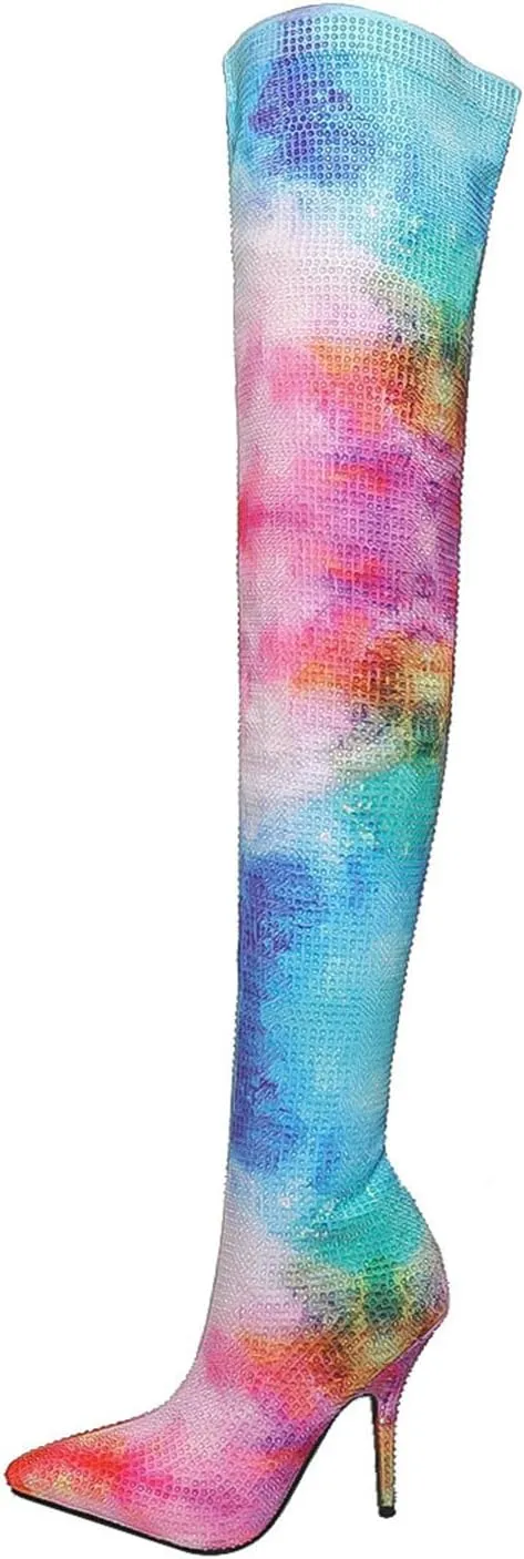 Comfortable High Heeled Boots,Rainbow Gradient Design,Rhinestone Colored Stiletto Boots,Pointed Knee High Boots,Cloth Material