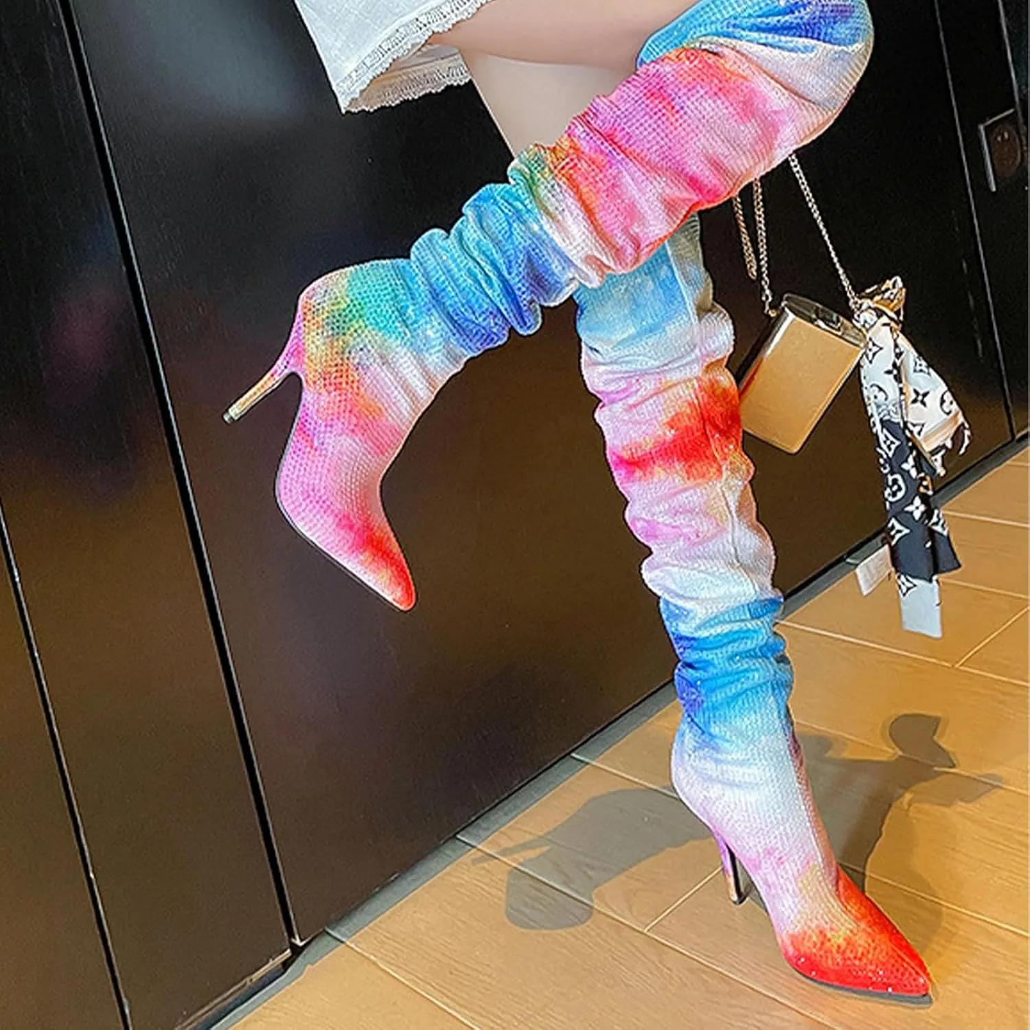 Comfortable High Heeled Boots,Rainbow Gradient Design,Rhinestone Colored Stiletto Boots,Pointed Knee High Boots,Cloth Material