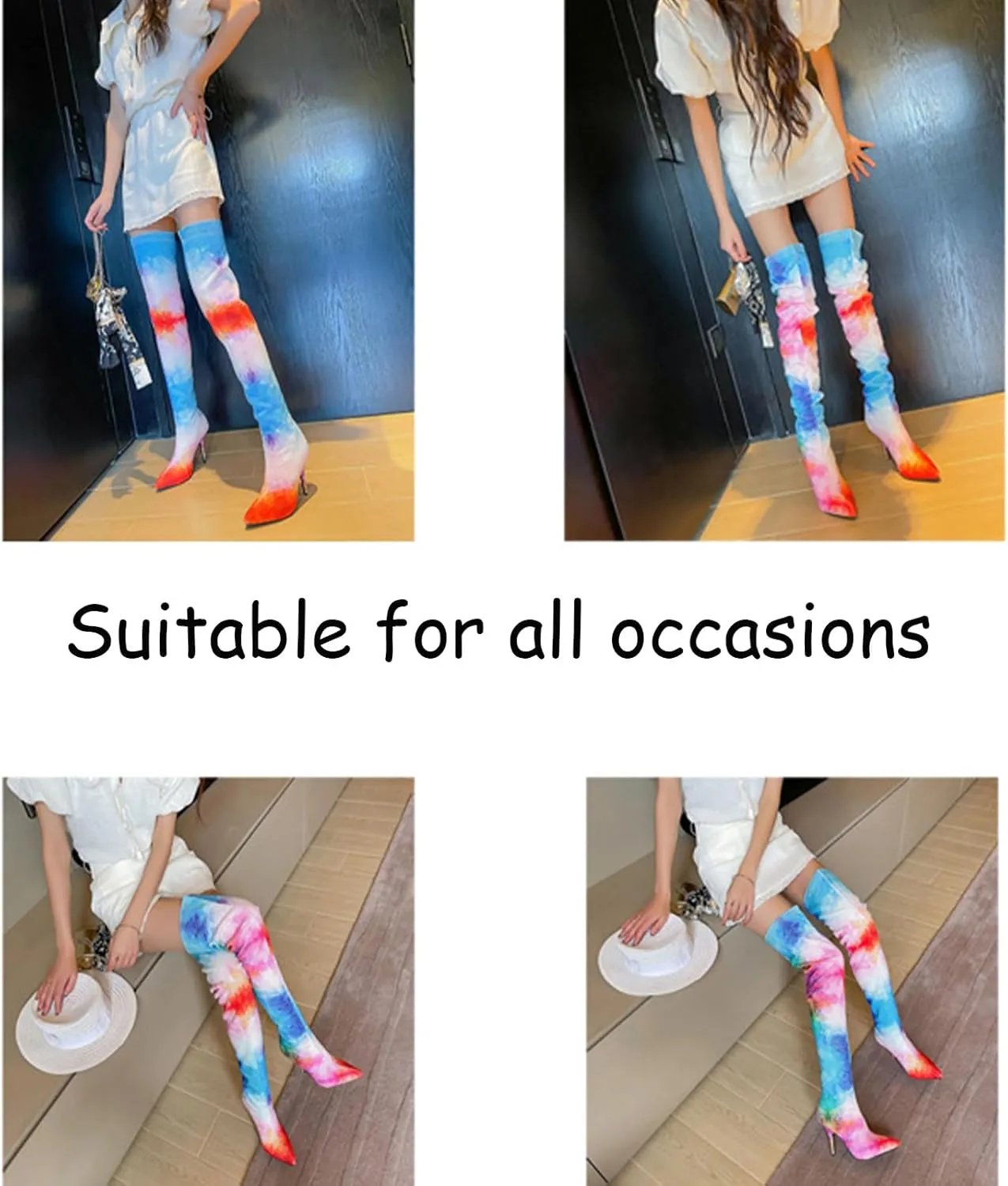 Comfortable High Heeled Boots,Rainbow Gradient Design,Rhinestone Colored Stiletto Boots,Pointed Knee High Boots,Cloth Material