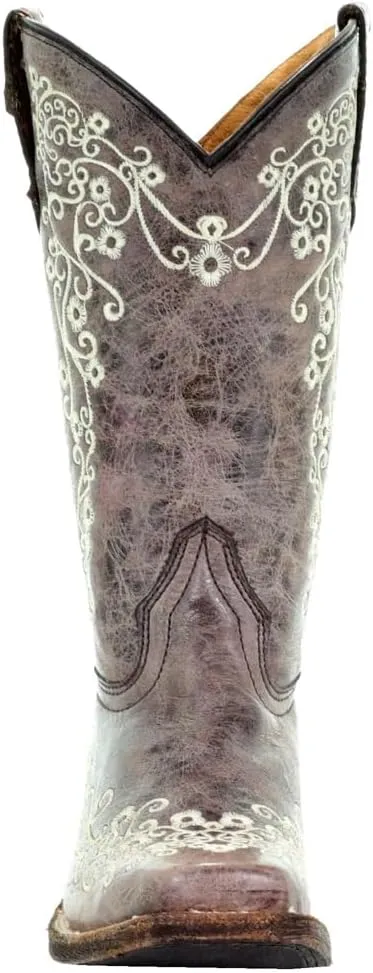 Corral Boots Kids Girls Floral Tooled Inlay Square Toe Casual Boots Mid Calf - Brown