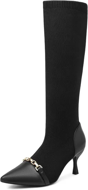 COSY Women's Knit Pointed Toe High Boots, Stretch High Booties for Women, Comfortable Fall Winter Casual Shoes