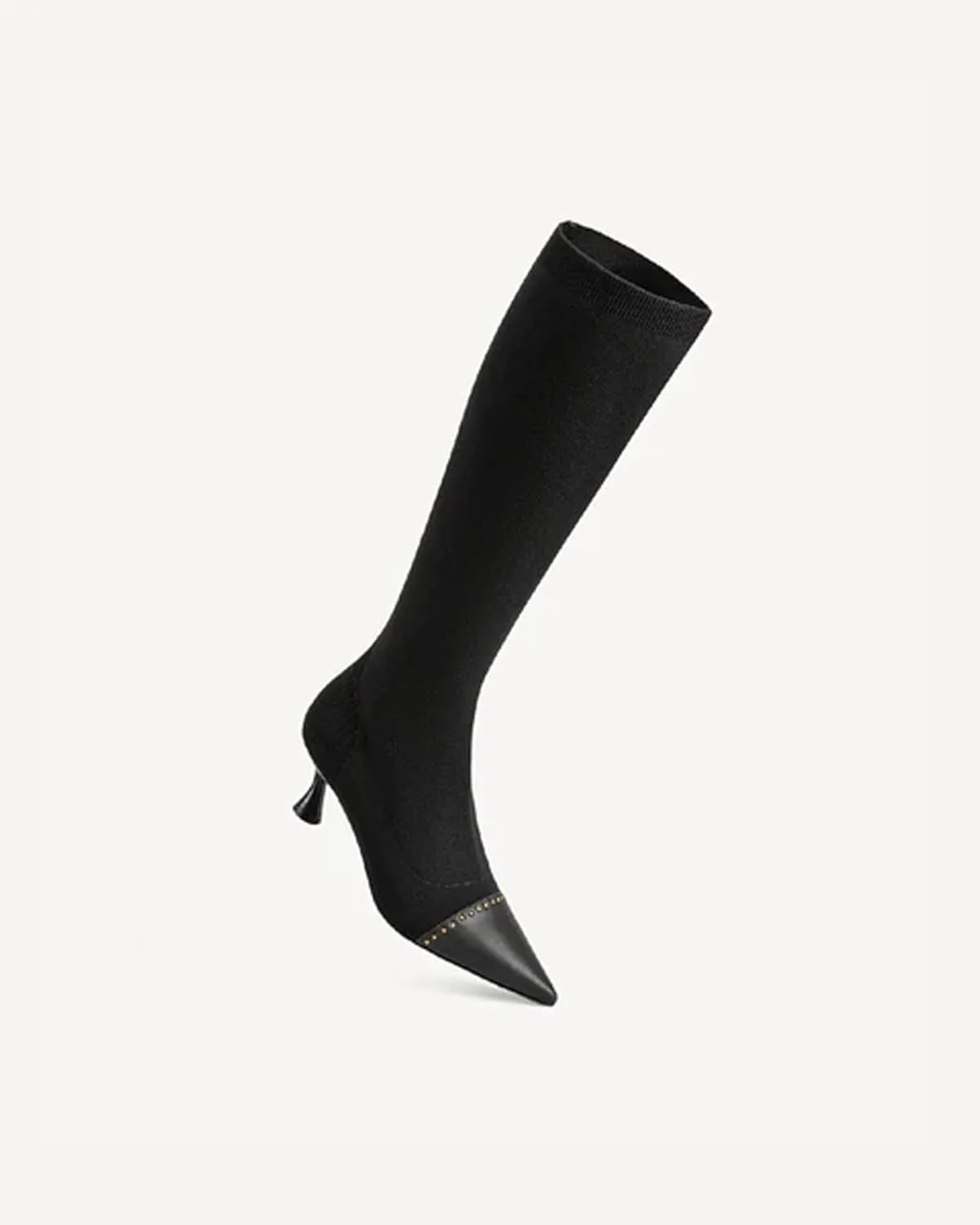 COSY Women's Knit Pointed Toe High Boots, Stretch High Booties for Women, Comfortable Fall Winter Casual Shoes