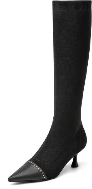 COSY Women's Knit Pointed Toe High Boots, Stretch High Booties for Women, Comfortable Fall Winter Casual Shoes