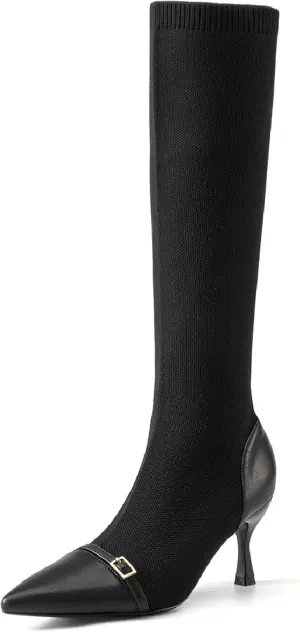 COSY Women's Knit Pointed Toe High Boots, Stretch High Booties for Women, Comfortable Fall Winter Casual Shoes