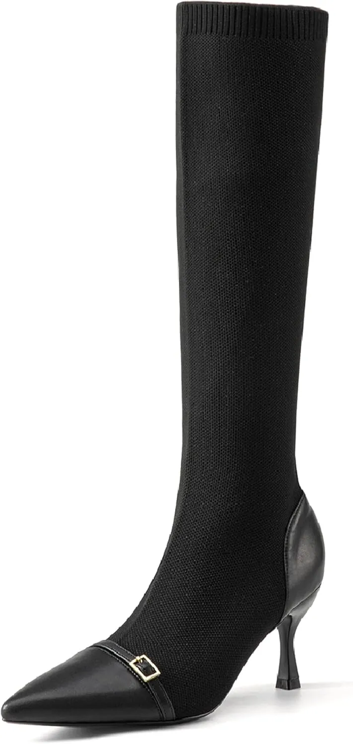 COSY Women's Knit Pointed Toe High Boots, Stretch High Booties for Women, Comfortable Fall Winter Casual Shoes