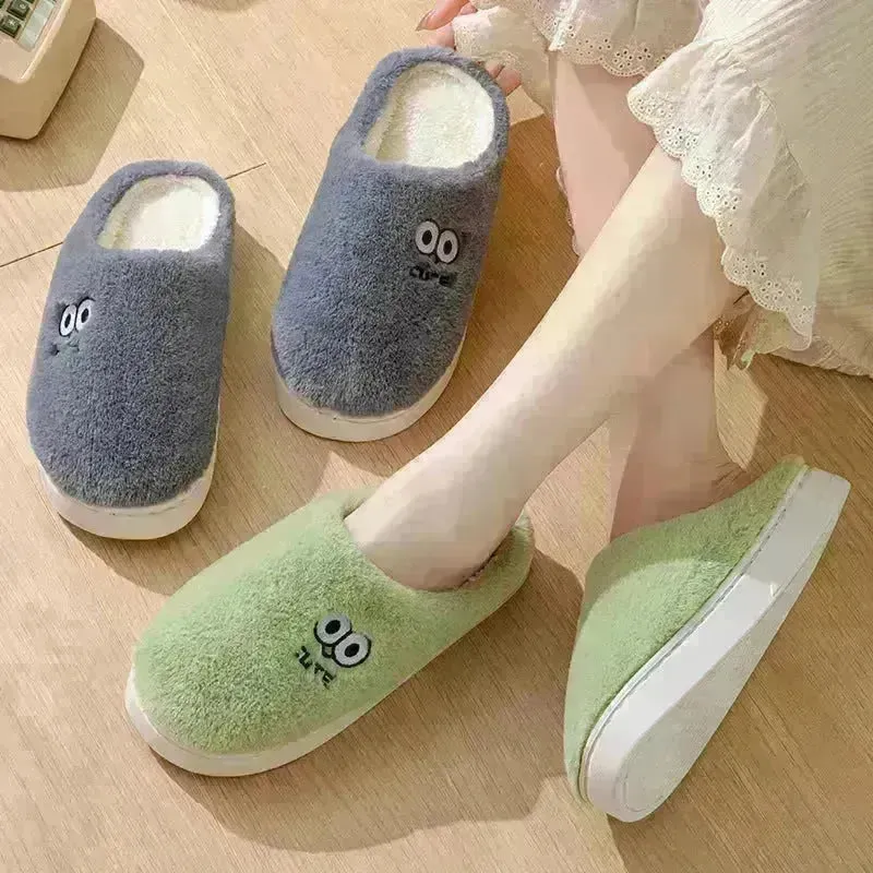 Cute Cartoon Big-eyes Slippers For Couples Winter Warm Non-slip Floor Bedroom Slipper Home Men And Women House Shoes