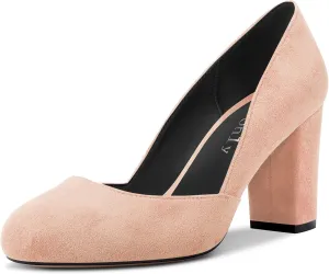 DearOnly Womens Pumps Round Closed Toe Block Chunky High Heel Slip On Suede Dress Shoes Shopping Office Cute 3 Inch