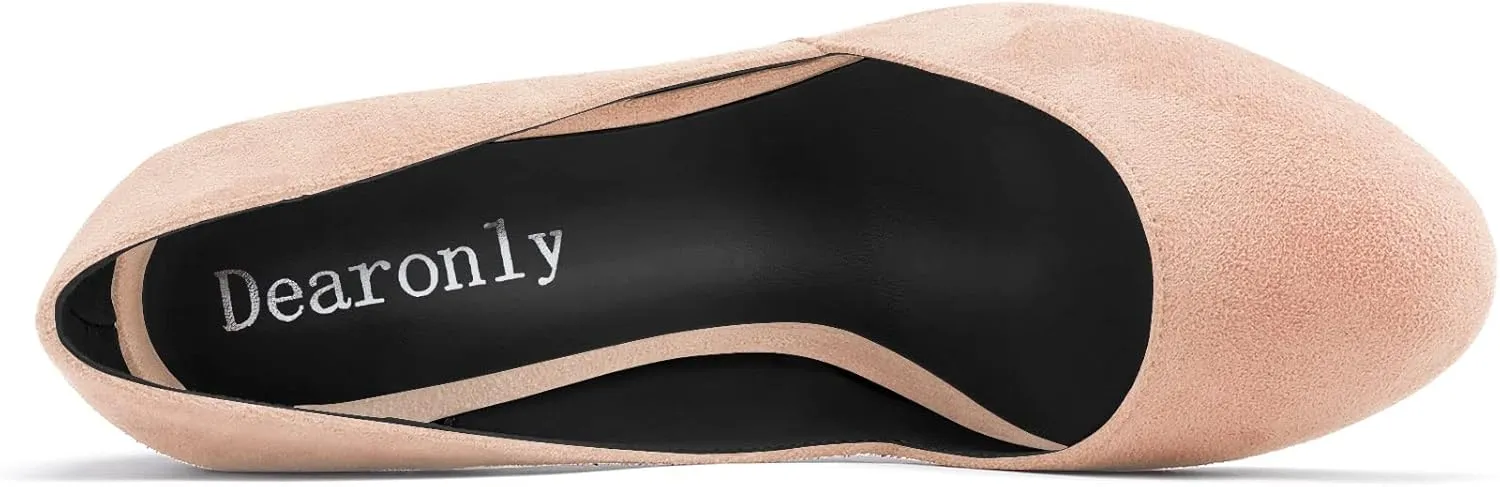 DearOnly Womens Pumps Round Closed Toe Block Chunky High Heel Slip On Suede Dress Shoes Shopping Office Cute 3 Inch