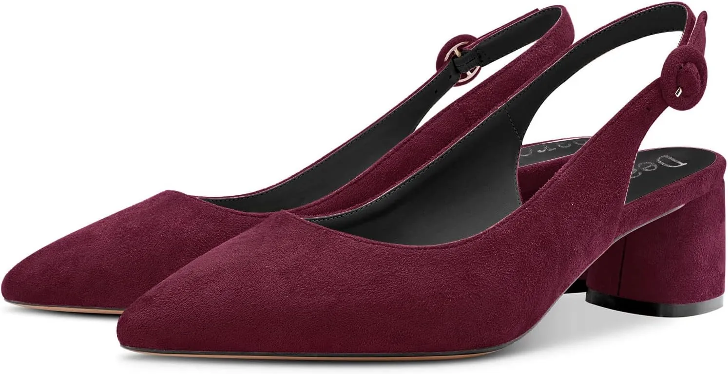 DearOnly Womens Pumps Slingback Ankle Strap Low Kitten Block Chunky Heel Pointed Toe Slip On Dress Shoes Suede Cute Vintage Comfort 2 Inch