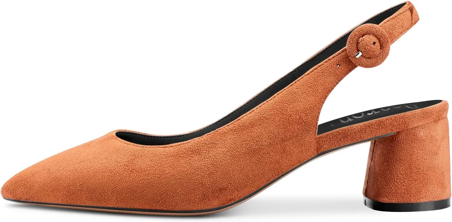DearOnly Womens Pumps Slingback Ankle Strap Low Kitten Block Chunky Heel Pointed Toe Slip On Dress Shoes Suede Cute Vintage Comfort 2 Inch