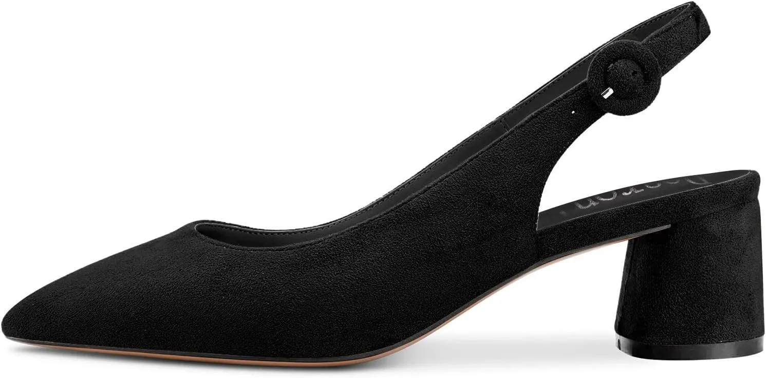 DearOnly Womens Pumps Slingback Ankle Strap Low Kitten Block Chunky Heel Pointed Toe Slip On Dress Shoes Suede Cute Vintage Comfort 2 Inch