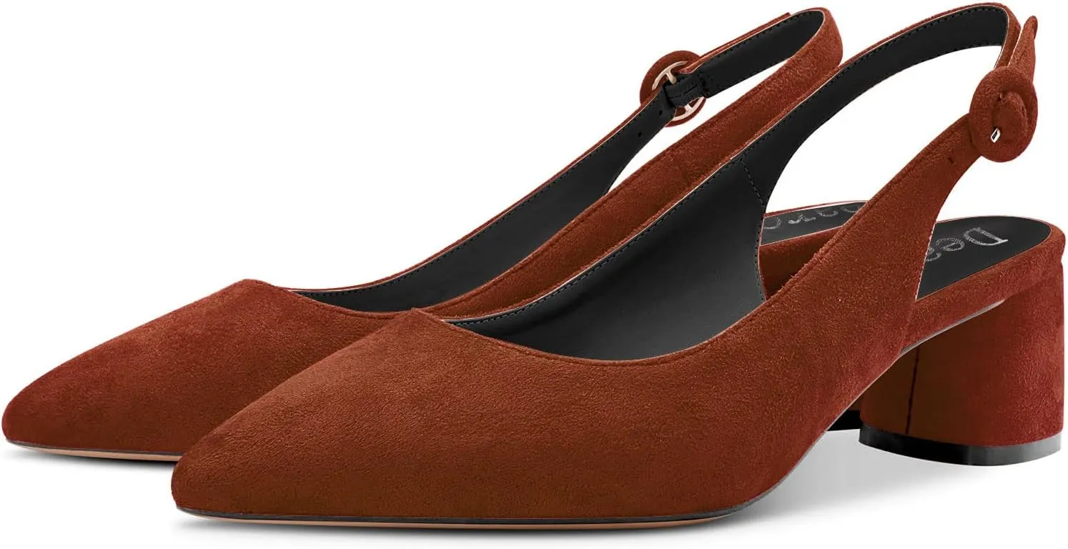 DearOnly Womens Pumps Slingback Ankle Strap Low Kitten Block Chunky Heel Pointed Toe Slip On Dress Shoes Suede Cute Vintage Comfort 2 Inch