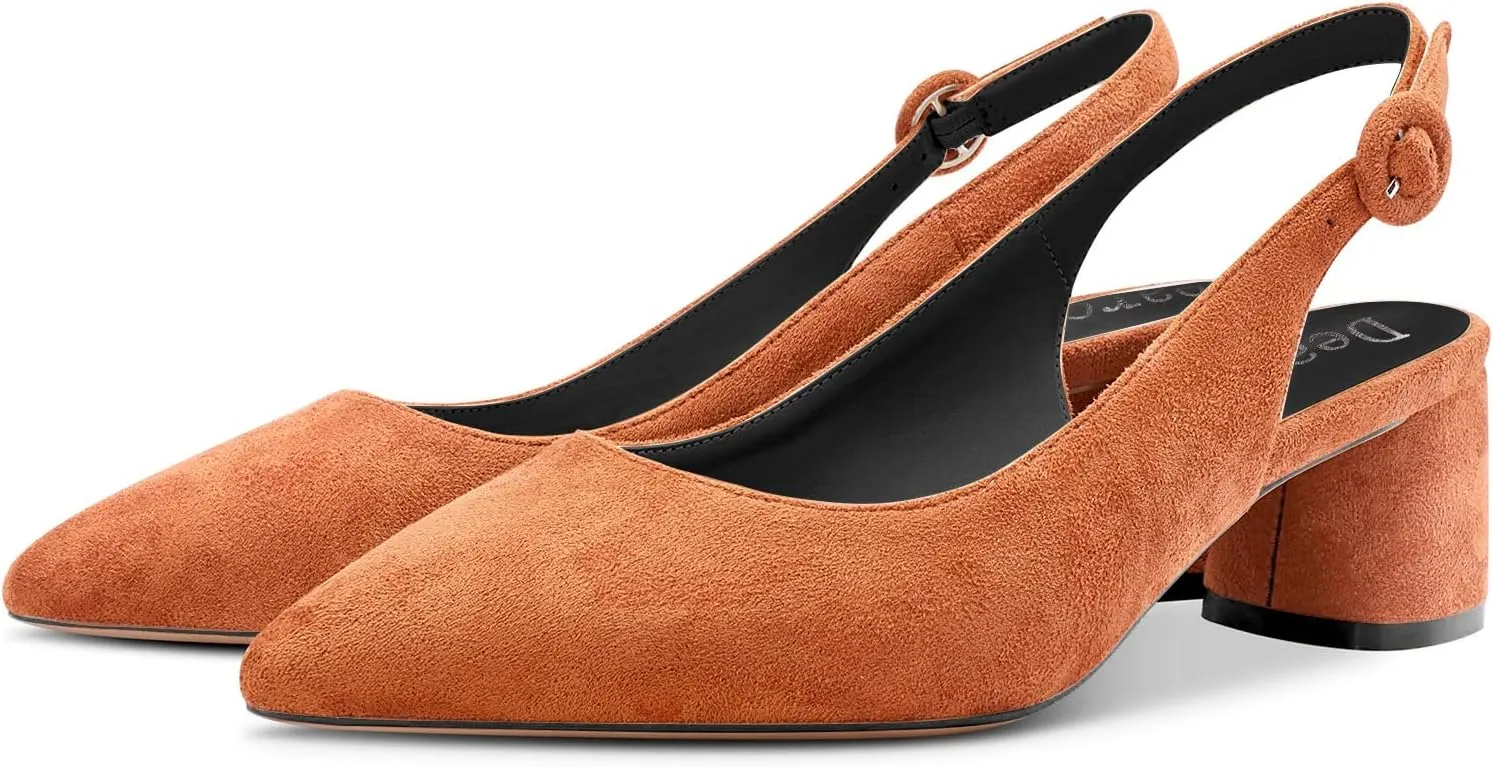 DearOnly Womens Pumps Slingback Ankle Strap Low Kitten Block Chunky Heel Pointed Toe Slip On Dress Shoes Suede Cute Vintage Comfort 2 Inch