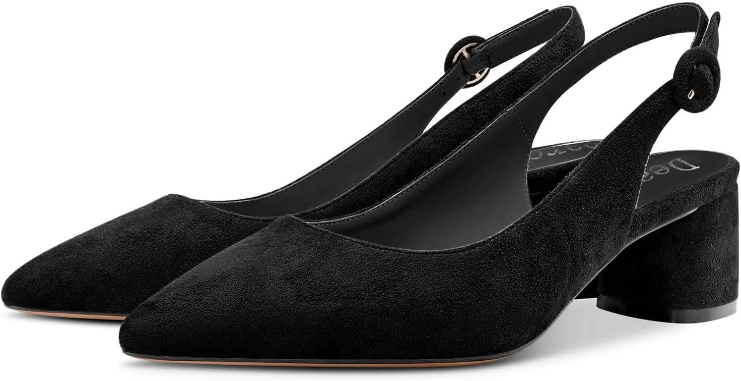 DearOnly Womens Pumps Slingback Ankle Strap Low Kitten Block Chunky Heel Pointed Toe Slip On Dress Shoes Suede Cute Vintage Comfort 2 Inch