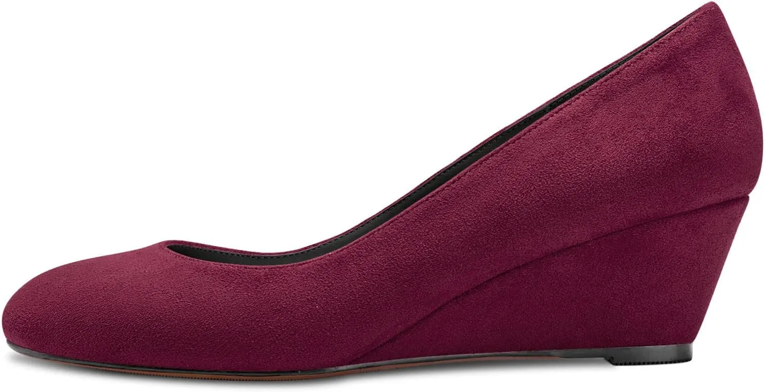 DearOnly Womens Wedge Pumps Round Closed Toe Slip On Low Block Chunky Heel Suede Dress Shoes Cute 2 Inch