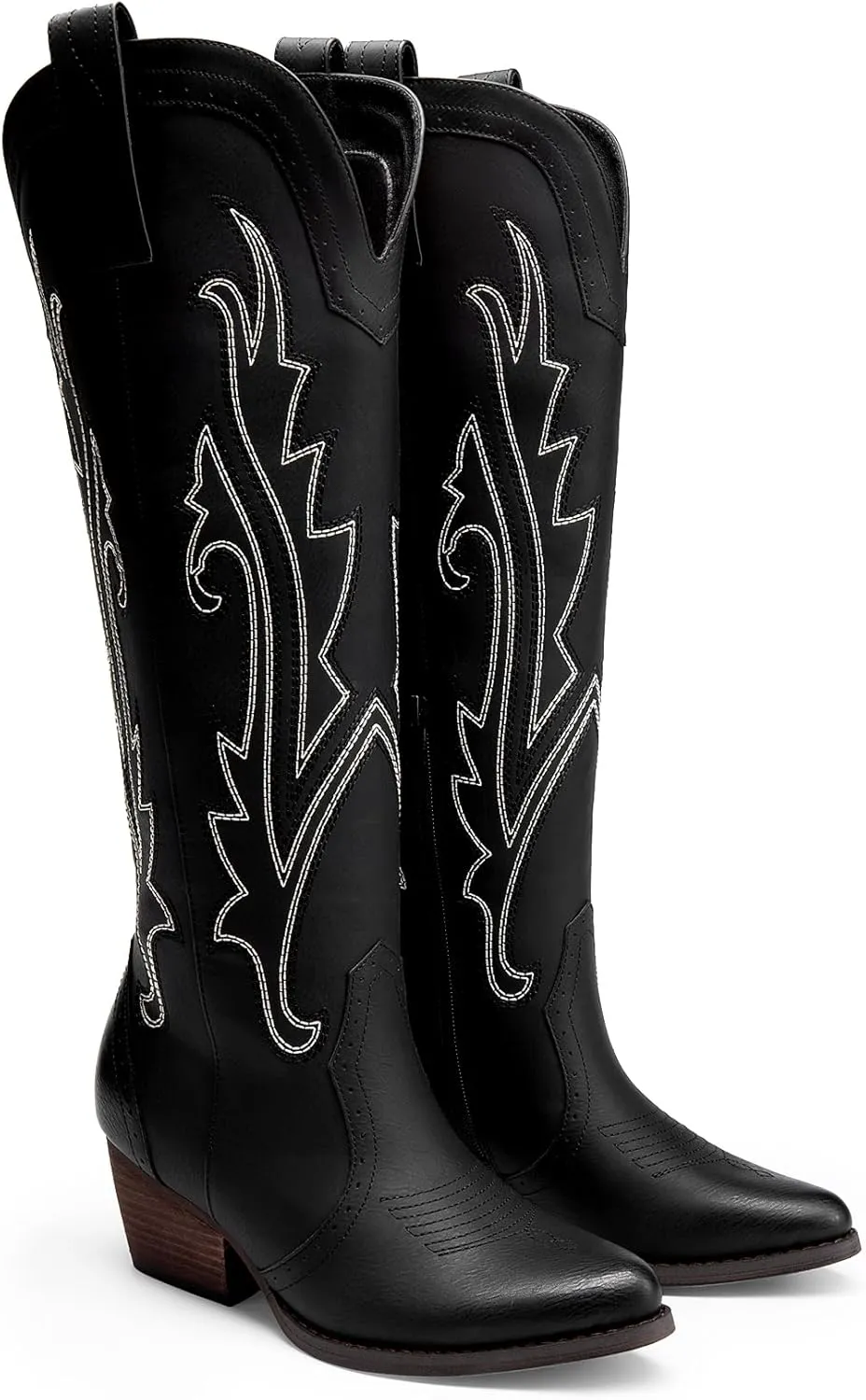 DREAM PAIRS Womens Cowboy Knee High Boots Comfortable Pull On Side Zipper Chunky Heel Embroidered Western Cowgirl Boots Retro Tall Boot