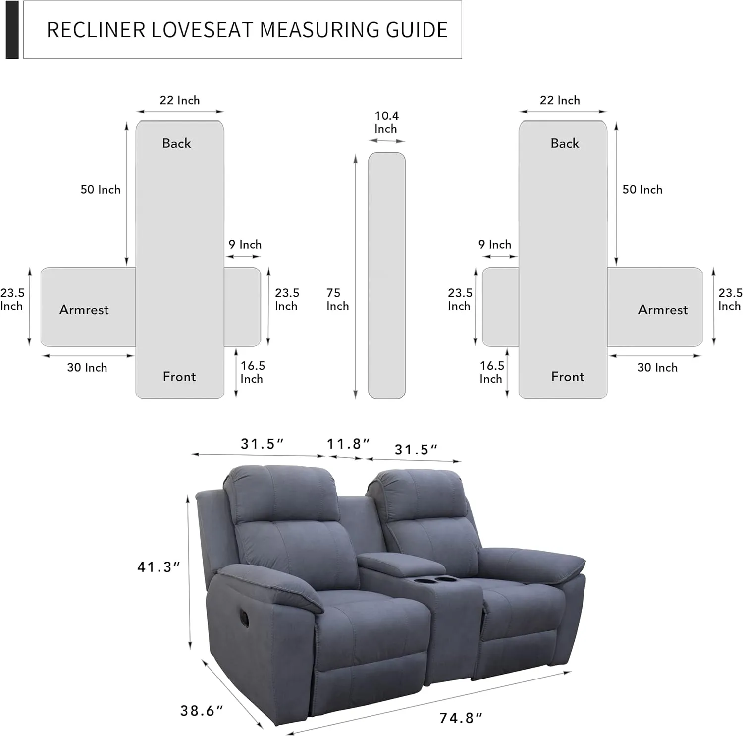 Easy-Going Loveseat Recliner Cover with Console, Reversible Couch Cover for Living Room, Split Sofa Cover for Each Seat with Elastic Straps for Kids, Dogs, Pets(2 Seater, Gray/Light Gray)