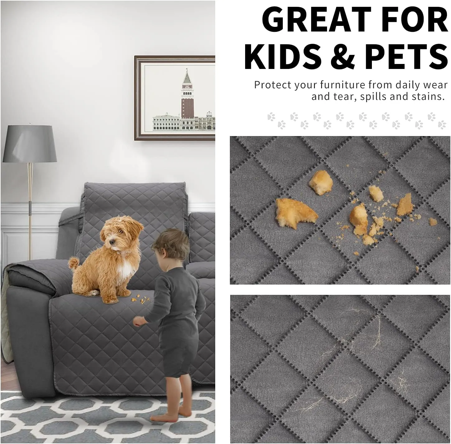Easy-Going Loveseat Recliner Cover with Console, Reversible Couch Cover for Living Room, Split Sofa Cover for Each Seat with Elastic Straps for Kids, Dogs, Pets(2 Seater, Gray/Light Gray)