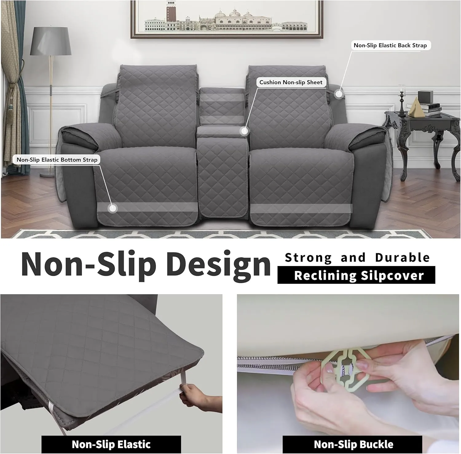 Easy-Going Loveseat Recliner Cover with Console, Reversible Couch Cover for Living Room, Split Sofa Cover for Each Seat with Elastic Straps for Kids, Dogs, Pets(2 Seater, Gray/Light Gray)
