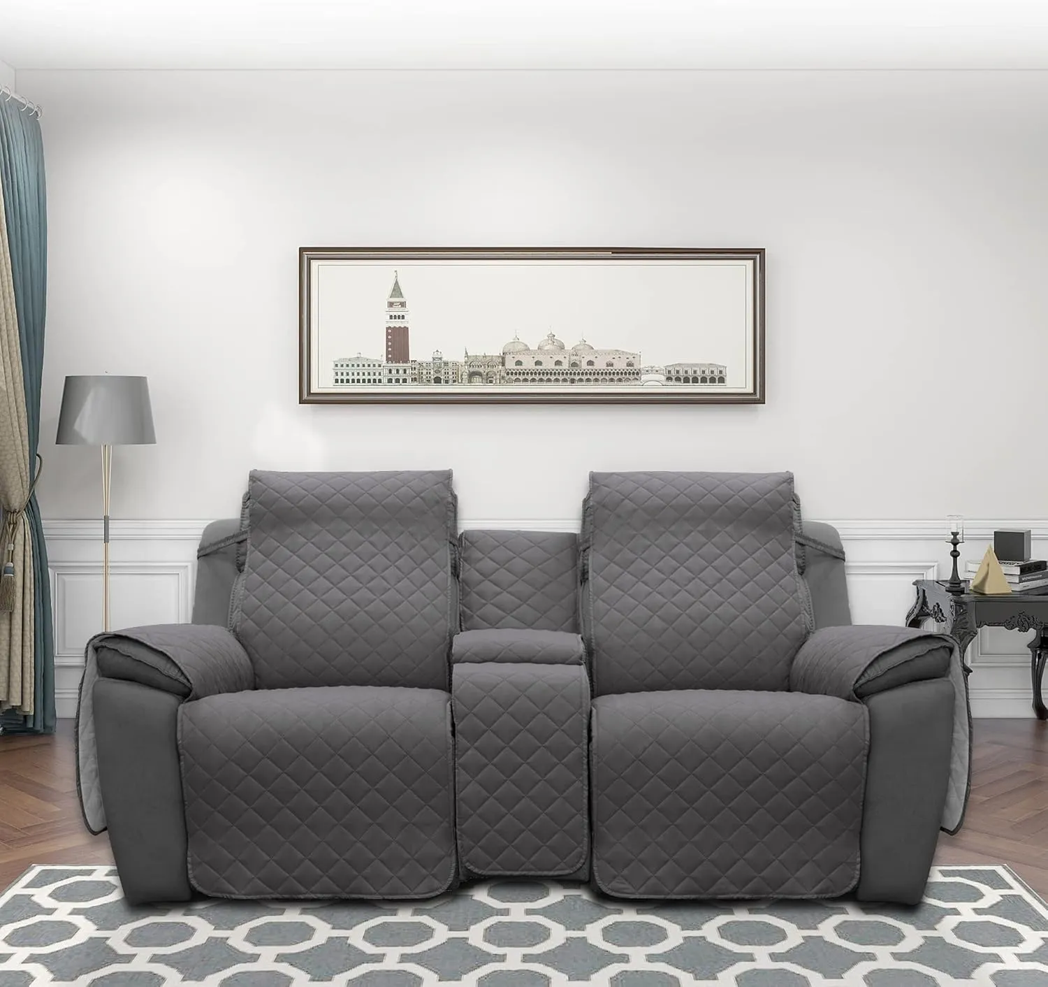 Easy-Going Loveseat Recliner Cover with Console, Reversible Couch Cover for Living Room, Split Sofa Cover for Each Seat with Elastic Straps for Kids, Dogs, Pets(2 Seater, Gray/Light Gray)