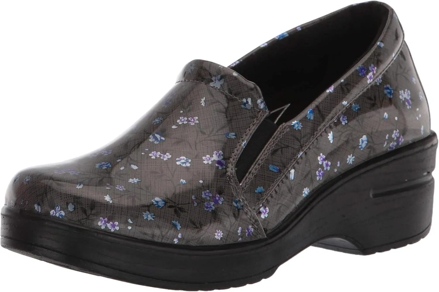 Easy Works by Easy Street womens Leeza Clog, Grey/Blue Floral Patent, 6.5 X-Wide US