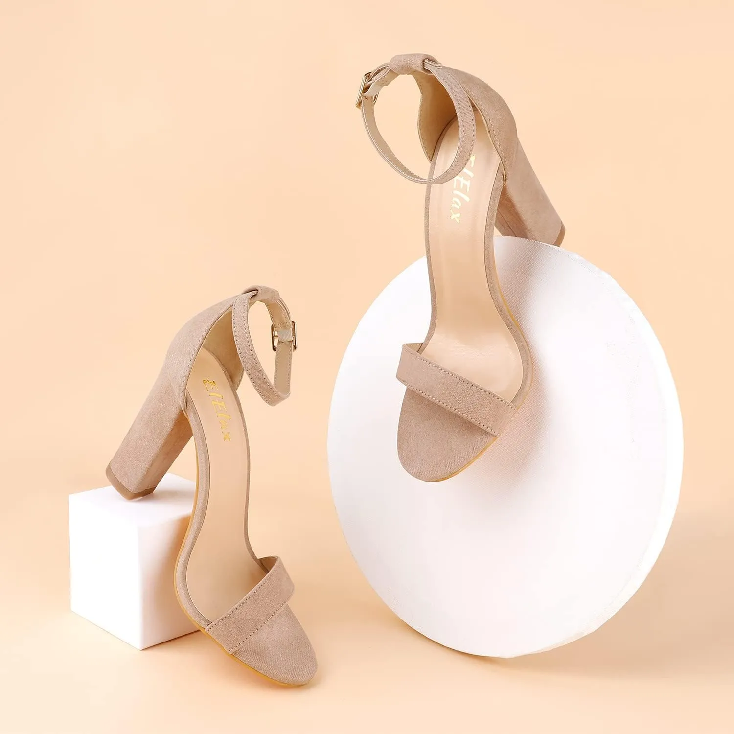 ElElax Women's 4 Inches Block High Heels Sandal, Nude Black Silver, Ankle Strap, Open Toe, for Wedding, Party, Prom
