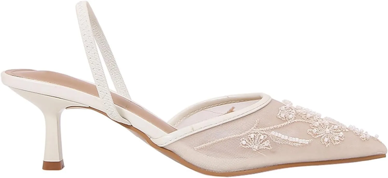 Embroidered Kitten Heels For Women Slingback Comfortable Floral Wedding Pumps