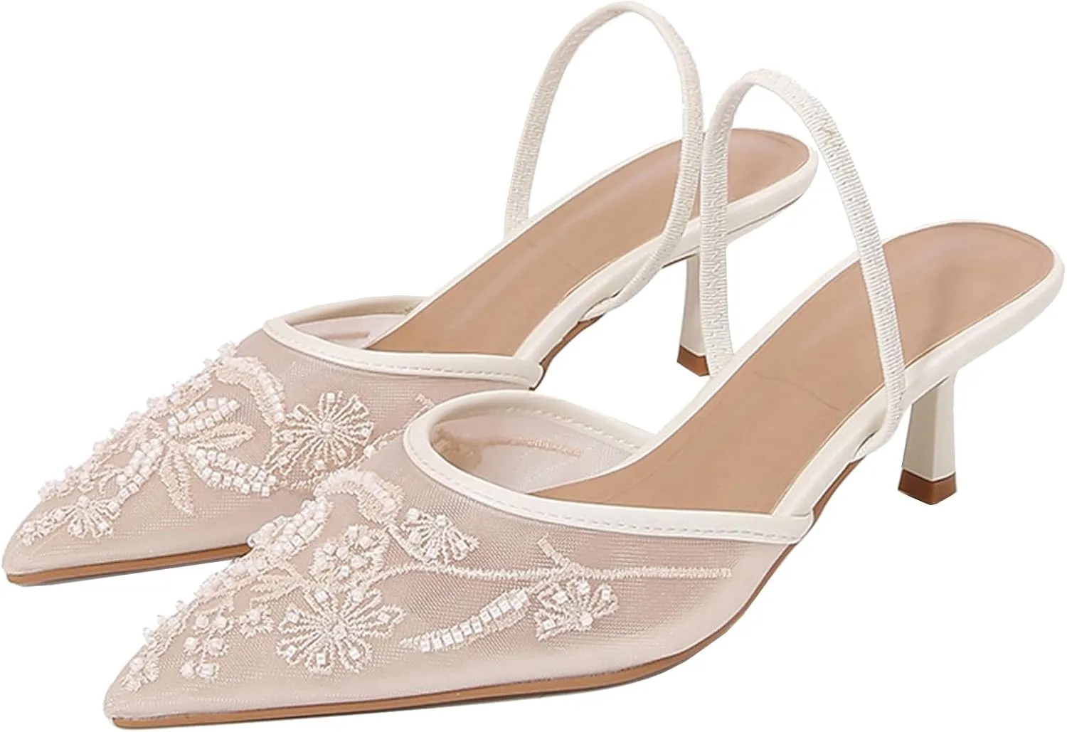 Embroidered Kitten Heels For Women Slingback Comfortable Floral Wedding Pumps