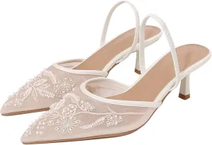 Embroidered Kitten Heels For Women Slingback Comfortable Floral Wedding Pumps