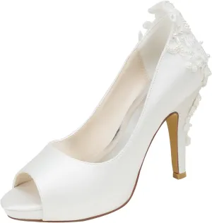 Emily Bridal Ivory Wedding Shoes Silk High Heel Peep Toe Pearls Detail Slip On Pumps
