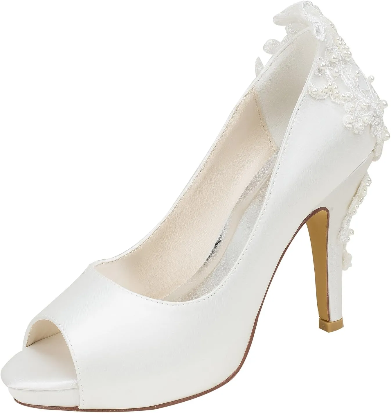 Emily Bridal Ivory Wedding Shoes Silk High Heel Peep Toe Pearls Detail Slip On Pumps
