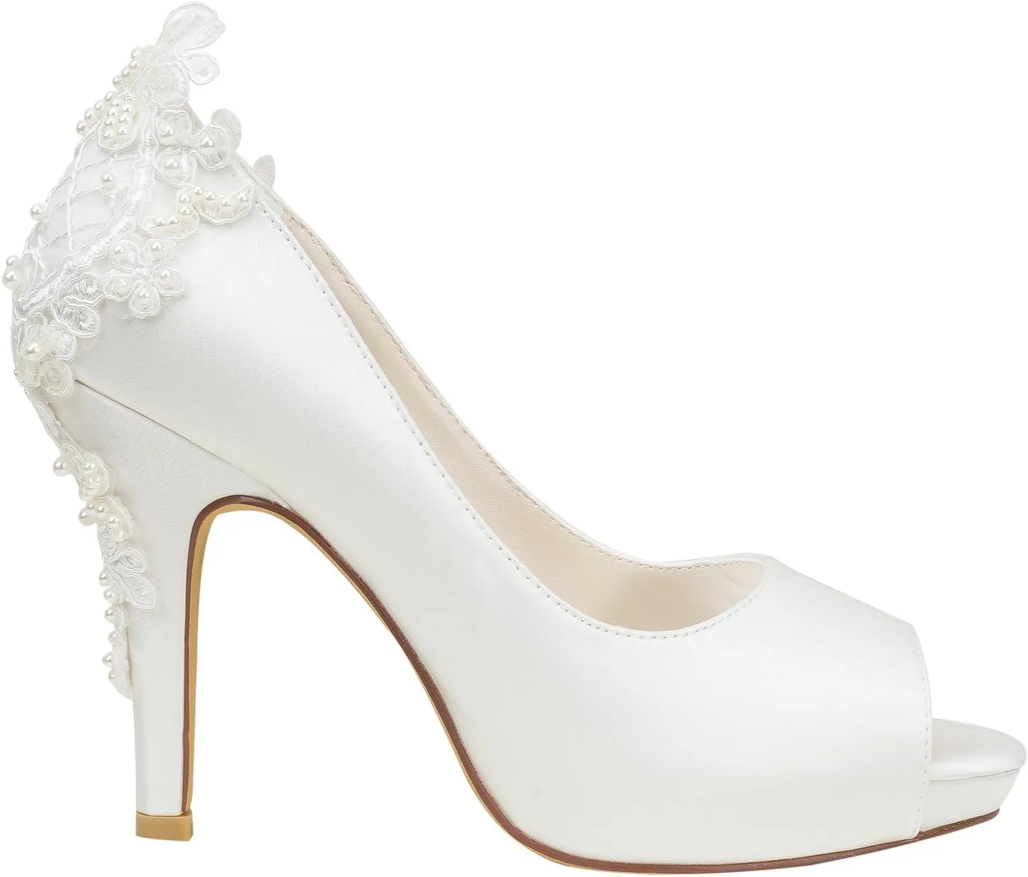 Emily Bridal Ivory Wedding Shoes Silk High Heel Peep Toe Pearls Detail Slip On Pumps