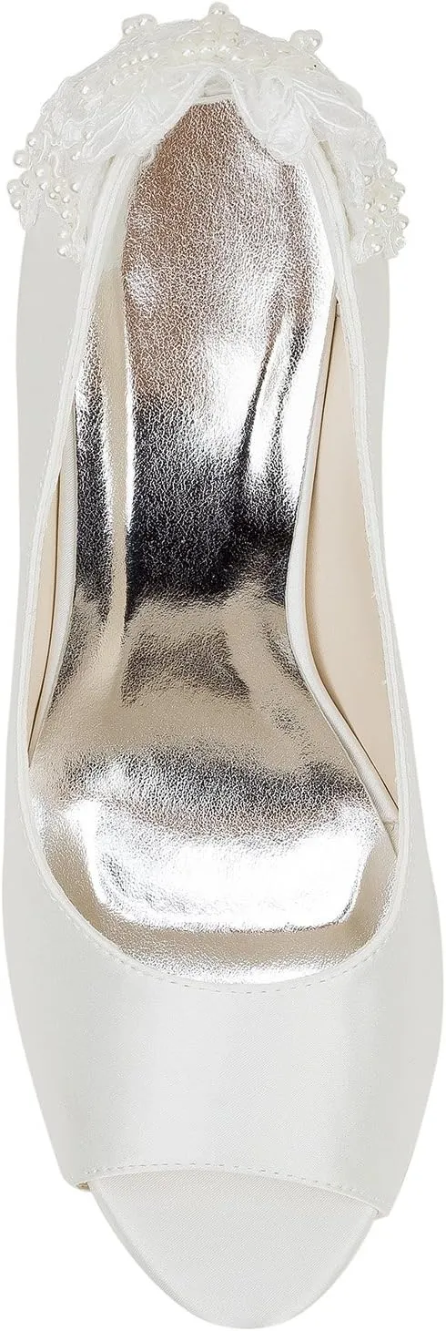 Emily Bridal Ivory Wedding Shoes Silk High Heel Peep Toe Pearls Detail Slip On Pumps