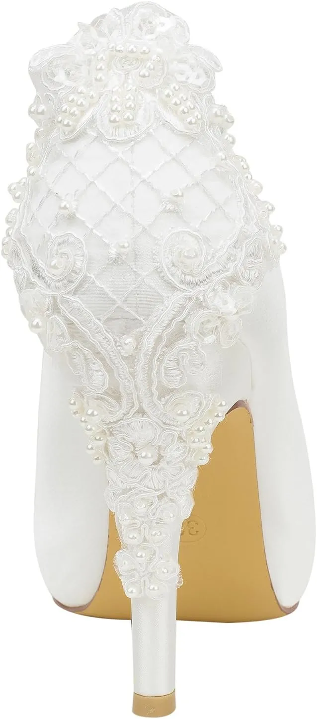 Emily Bridal Ivory Wedding Shoes Silk High Heel Peep Toe Pearls Detail Slip On Pumps