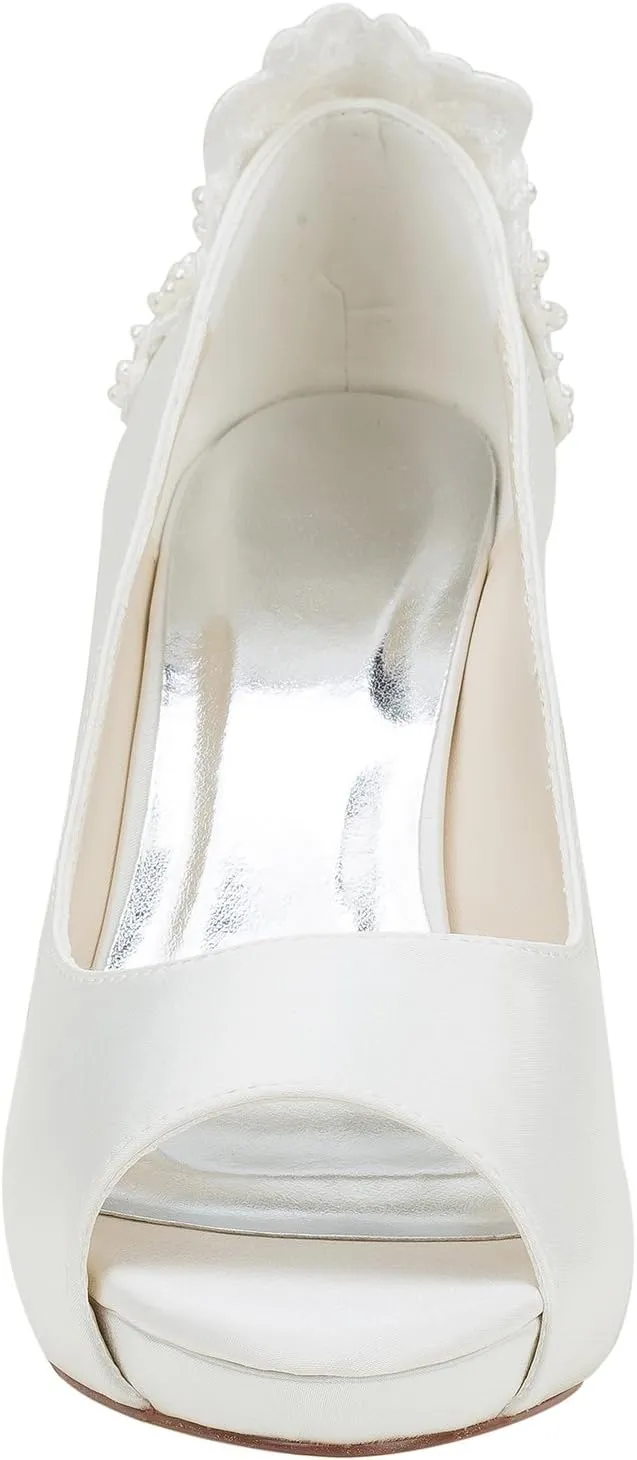 Emily Bridal Ivory Wedding Shoes Silk High Heel Peep Toe Pearls Detail Slip On Pumps